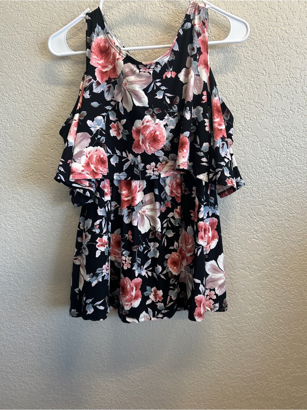 Hello MIZ Maternity Black Floral Cold-Shoulder Tank Top with Pink Roses